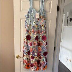 Elegant Floral Embroidered Midi Dress - Blue and Multicolor